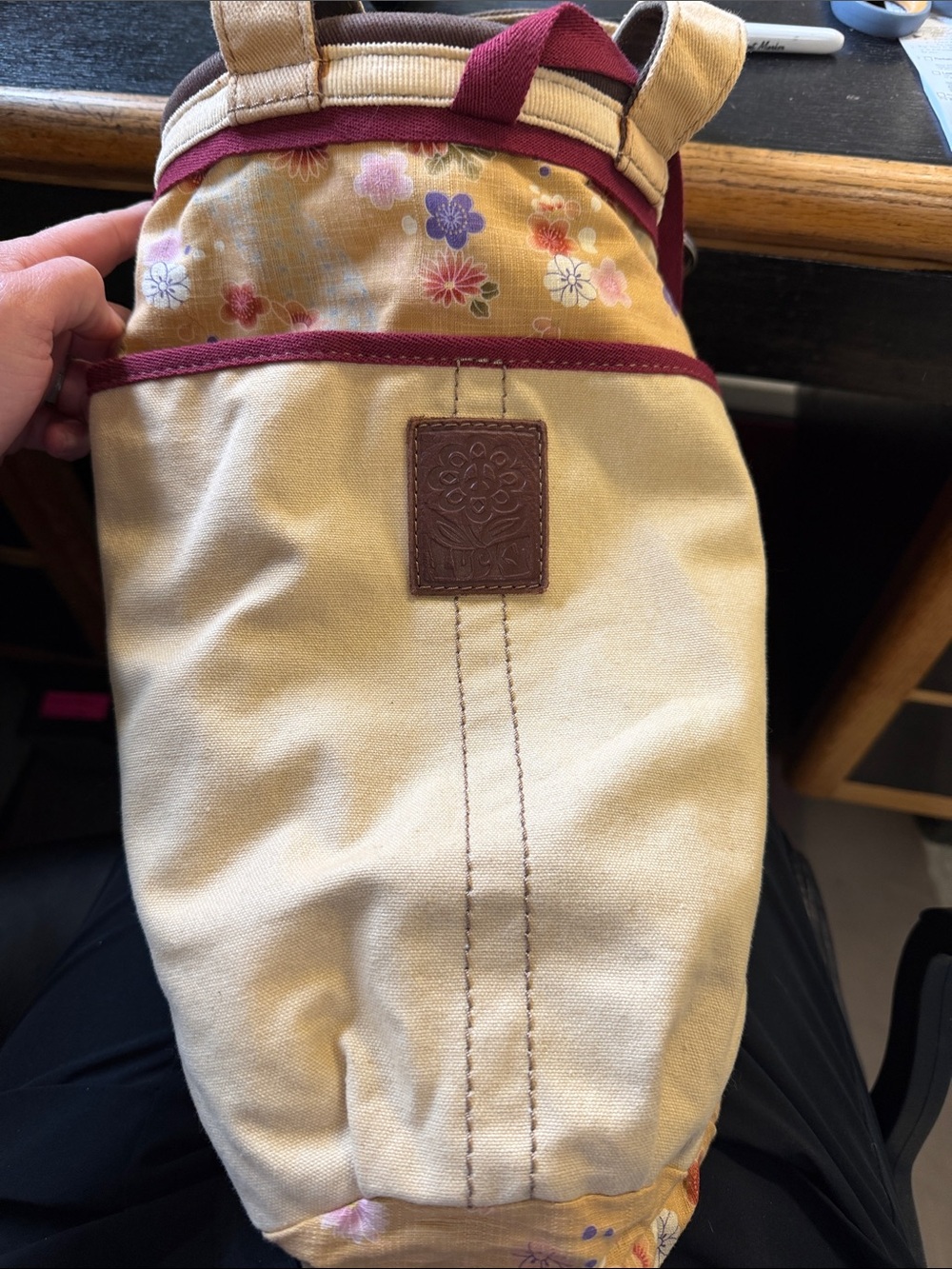 Lucky Brand Cream Canvas Tote with Purple Peace Sign and Green Trim - Picture 6 of 10
